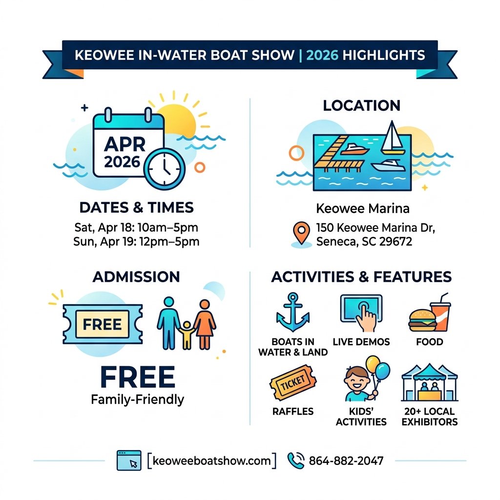 Keowee In-Water Boat Show highlights infographic: dates, location, admission, activities - Keowee In-Water Boat Show