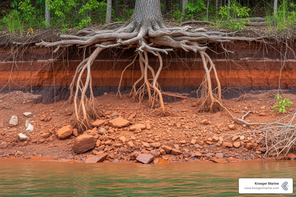 Red clay erosion on a Lake Keowee bank showing exposed tree roots